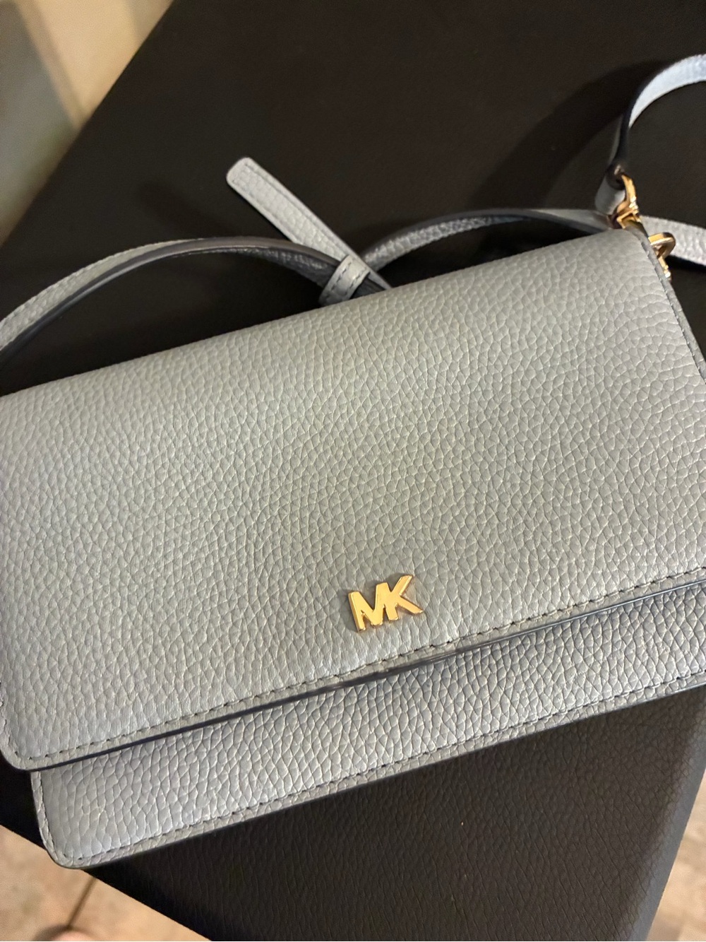 Michael Kors Light Blue Pebbled Leather Crossbody with Gold MK Logo